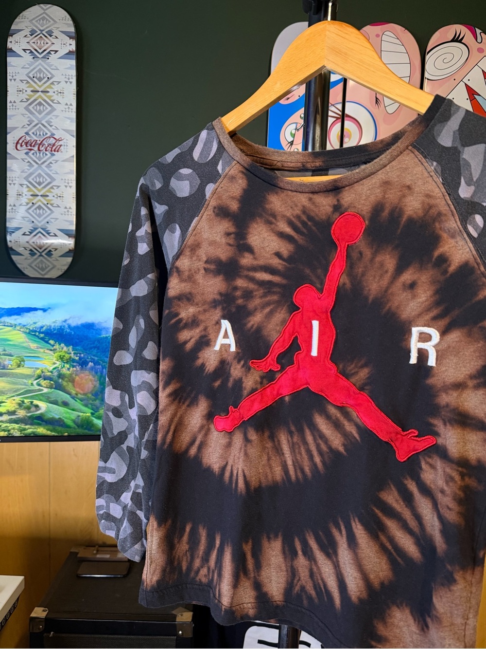 Air Jordan Embroidered Logo Bleach Tiedye Shirt w/ Camo Long Sleeve Arms, Kids
